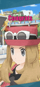 a cartoon girl wearing a red hat with the words congrats written on it