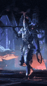 a knight with a spear and a whip in his hands