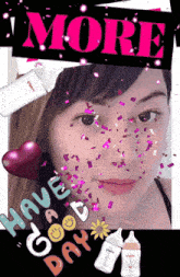a woman 's face is surrounded by purple confetti and a pigeon bottle