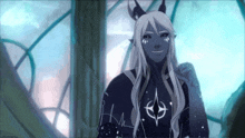 a cartoon character with long white hair and horns is standing in front of a window