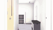 a cartoon girl is standing in a hallway next to a trash can .