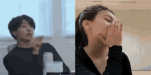 a man and a woman are sitting next to each other with their hands on their faces