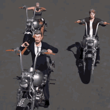 a man in a suit is riding a motorcycle with a gun on his shoulder