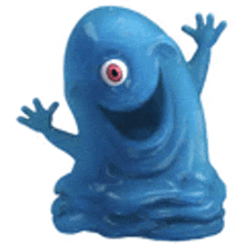 a blue monster with a red eye and arms is standing on a white background .