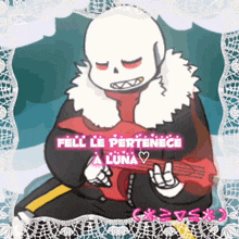a cartoon drawing of a skeleton playing a guitar with the words fell le pertenece a luna written below him