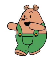 a cartoon of a bear wearing green overalls with the words ready 1 2 3