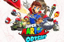 a poster for super mario odyssey shows mario surrounded by other characters