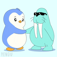 a penguin and a walrus standing next to each other with the word pengu on the bottom