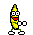 a pixel art drawing of a banana wearing glasses and a red scarf .