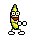 a pixel art drawing of a banana wearing glasses and a red scarf .
