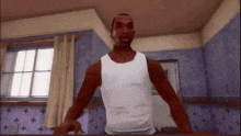 a man in a white tank top is standing in a room in a video game .