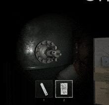 a screenshot of a video game shows a man looking at a lock with the number 1 on it