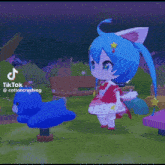 a cartoon character is riding a blue teddy bear on a seesaw