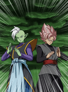 a couple of cartoon characters standing next to each other with their hands together