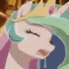 a close up of a pony with a crown on her head and a tear coming out of her mouth .
