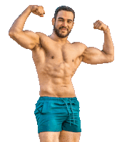 a shirtless man in blue shorts flexes his muscles on a white background