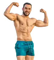 a shirtless man in blue shorts flexes his muscles on a white background