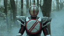 a masked rider is standing in the woods with a sword