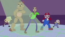 a group of cartoon characters are dancing together on a stage in front of a spotlight .