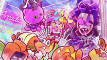 a group of cartoon characters are posing for a picture in front of a broken glass window .