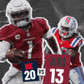 a cardinals player is running with a football while a patriots player is holding a sign that says ne 20 vs 13