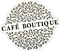 a logo for a cafe boutique with swirls around it