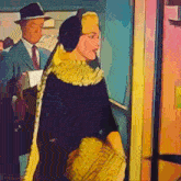 a man in a suit and tie stands next to a woman in a black and yellow dress