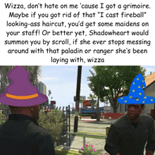 a man wearing a wizard hat is talking to another man