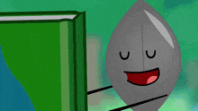 a cartoon character holding a green book with a leaf behind it