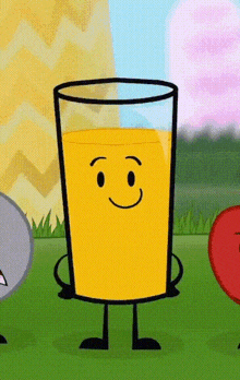 a glass of orange juice with a smiling face and arms and legs