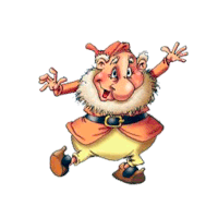 a cartoon gnome with a beard is waving his hands in the air
