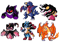 a set of pixel art pokemon characters including gengar , lucario , charizard , and a ghost .