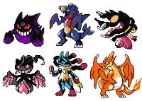 a set of pixel art pokemon characters including gengar , lucario , charizard , and a ghost .