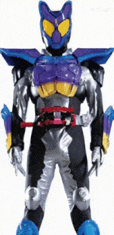 a purple and black superhero with yellow eyes is standing