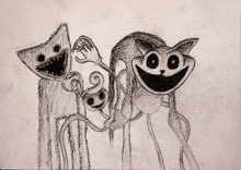 a black and white drawing of a group of monsters including a cat