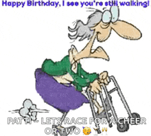 a cartoon of an elderly woman walking with a walker .