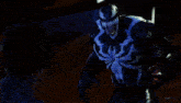 a man in a superhero costume stands in a room with a sign that says dark alliance