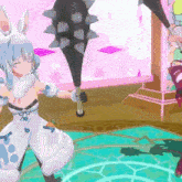 a girl in a bunny costume is holding a spiked weapon