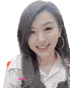 a woman with long hair and hoop earrings is smiling