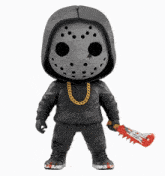 a figurine of jason voorhees wearing a hoodie and holding a bloody bat
