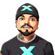 a cartoon drawing of a man wearing a black shirt and a black hat with a blue x on it
