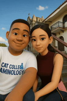 a boy and a girl are posing for a picture and the boy is wearing a cat college shirt