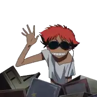 edward from cowboy bebop is wearing sunglasses and smiling