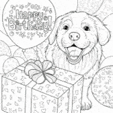 a black and white drawing of a dog holding a balloon that says " happy birthday "