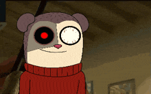 a cartoon of a bear with a red eye and a red sweater