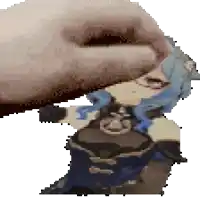 a pixel art of a hand holding a doll with blue hair and gloves .