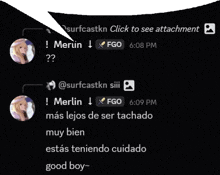 a screenshot of a chat with merlin and fgo at 6:08 pm