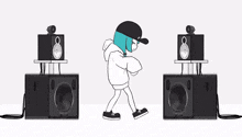 a cartoon of a girl dancing in front of a stack of speakers