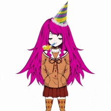 a girl with long pink hair wearing a party hat is surrounded by confetti