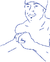 a cartoon drawing of a man with a beard and a blue shirt